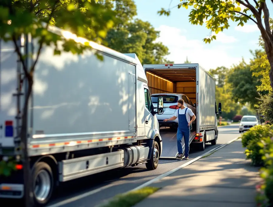 driver loading car onto transport trailer