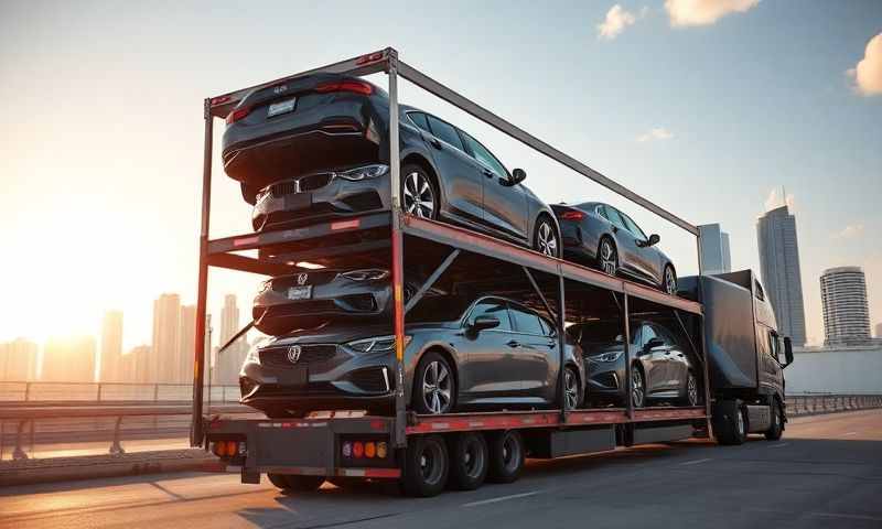 A car carrier truck transports six new black sedans on two levels along a city highway at sunset, with tall buildings and a bright sky in the background.
