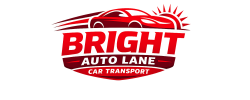 Logo for BRIGHT AUTO LANE CAR TRANSPORT featuring a stylized red car with speed lines and a sunburst over the car, all in red and white on a light background.