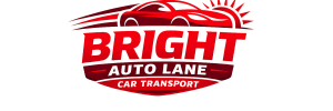 Logo for BRIGHT AUTO LANE CAR TRANSPORT featuring a stylized red car with speed lines and a sunburst over the car, all in red and white on a light background.